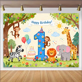 Lofaris Watercolor Jungle Animals First Birthday Backdrop, Happy Birthday Number 1 Party Decor for Baby's Celebration