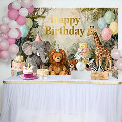 Lofaris Happy Birthday Jungle Safari Animals Backdrop, Watercolor Elephant Lion Giraffe and Balloons Party Decor