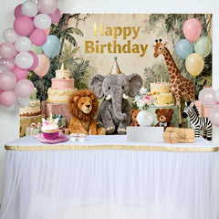 Lofaris Pastel Jungle Safari Animals Happy Birthday Backdrop with Elephant, Lion and Giraffe for Kids Party