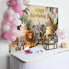 Lofaris Pastel Jungle Safari Animals Happy Birthday Backdrop with Elephant, Lion and Giraffe for Kids Party