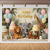 Lofaris Pastel Jungle Safari Animals Happy Birthday Backdrop with Elephant, Lion and Giraffe for Kids Party