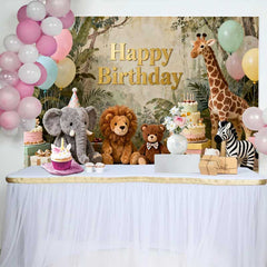 Lofaris Gold Happy Birthday Jungle Safari Animal Backdrop featuring Elephant, Lion, and Giraffe, Kids Party Decor