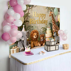 Lofaris Gold Happy Birthday Jungle Safari Animal Backdrop featuring Elephant, Lion, and Giraffe, Kids Party Decor