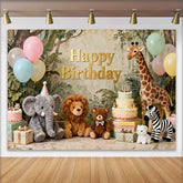 Lofaris Gold Happy Birthday Jungle Safari Animal Backdrop featuring Elephant, Lion, and Giraffe, Kids Party Decor