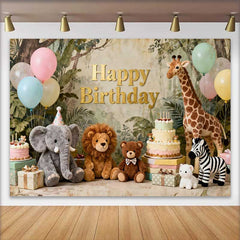 Lofaris Gold Happy Birthday Jungle Safari Animal Backdrop featuring Elephant, Lion, and Giraffe, Kids Party Decor