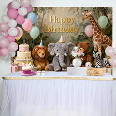 Lofaris Golden Happy Birthday Jungle Safari Animals Backdrop, Whimsical Pastel Balloons and Cake Decor for Kids Parties