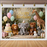 Lofaris Golden Happy Birthday Jungle Safari Animals Backdrop, Whimsical Pastel Balloons and Cake Decor for Kids Parties