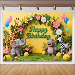 Lofaris Vibrant Yellow Jungle Safari Animals Happy Birthday Backdrop, Kids Party Decor with Balloons and Floral Arch