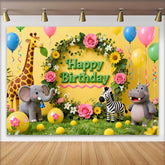 Lofaris Cute Safari Jungle Animals Birthday Backdrop with Floral Wreath, Happy Birthday Party Decor for Kids