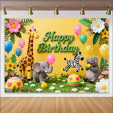 Lofaris Cute Safari Animals Happy Birthday Backdrop with Giraffe Elephant and Zebra, Kids Party Decor