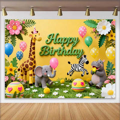 Lofaris Cute Safari Animals Happy Birthday Backdrop with Giraffe Elephant and Zebra, Kids Party Decor