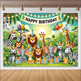 Lofaris Adorable Jungle Safari Animals Birthday Backdrop, featuring Happy Birthday Banner and Party Hats for Kids