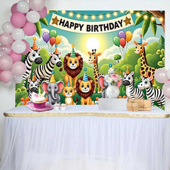 Lofaris Cute Cartoon Jungle Animals Happy Birthday Backdrop, Safari Wild One Party Decor