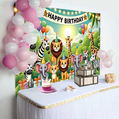 Lofaris Cute Cartoon Jungle Animals Happy Birthday Backdrop, Safari Wild One Party Decor