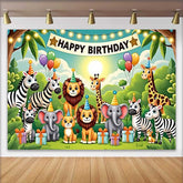 Lofaris Cute Cartoon Jungle Animals Happy Birthday Backdrop, Safari Wild One Party Decor