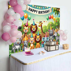 Lofaris Cute Safari Animals Happy Birthday Backdrop with Party Hats and Balloons for Kids Party