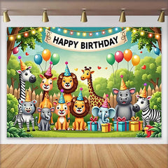 Lofaris Cute Safari Animals Happy Birthday Backdrop with Party Hats and Balloons for Kids Party