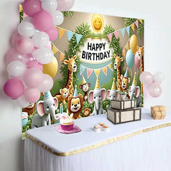 Lofaris Whimsical Jungle Safari Animals Happy Birthday Backdrop with Pastel Balloons and Cakes, Kids Party Decor
