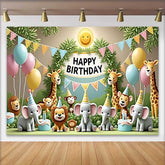 Lofaris Whimsical Jungle Safari Animals Happy Birthday Backdrop with Pastel Balloons and Cakes, Kids Party Decor