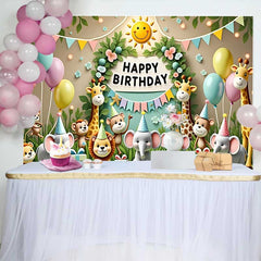 Lofaris Adorable Jungle Safari Animals Birthday Backdrop with Happy Birthday Sign and Balloons, Kids Party Decor