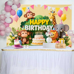 Lofaris Adorable Jungle Safari Animals Happy Birthday Backdrop with Cake and Balloons, Wild One Party Decor
