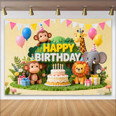 Lofaris Adorable Jungle Safari Animals Happy Birthday Backdrop with Cake and Balloons, Wild One Party Decor
