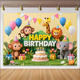 Lofaris Colorful Jungle Animals Happy Birthday Backdrop, Safari Theme Cake and Balloons Party Decor