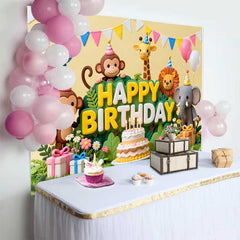 Lofaris Cute Jungle Animals Happy Birthday Backdrop with Cake and Balloons, Safari Theme Party Decor