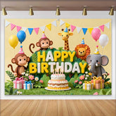 Lofaris Cute Jungle Animals Happy Birthday Backdrop with Cake and Balloons, Safari Theme Party Decor