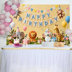 Lofaris Cute Whimsical Jungle Animals Happy Birthday Backdrop, featuring Elephant, Lion, Monkey and Giraffe for Kids Party