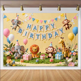 Lofaris Cute Whimsical Jungle Animals Happy Birthday Backdrop, featuring Elephant, Lion, Monkey and Giraffe for Kids Party