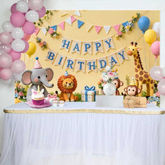 Lofaris Cute Jungle Animals Happy Birthday Backdrop with Safari Elephant Lion Monkey Giraffe, Baby Shower Kids Party Decor