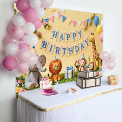 Lofaris Cute Jungle Animals Happy Birthday Backdrop with Safari Elephant Lion Monkey Giraffe, Baby Shower Kids Party Decor