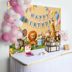 Lofaris Yellow Happy Birthday Backdrop with Cute Safari Animals, Pastel Balloons and Gifts for Kids Party