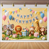Lofaris Yellow Happy Birthday Backdrop with Cute Safari Animals, Pastel Balloons and Gifts for Kids Party
