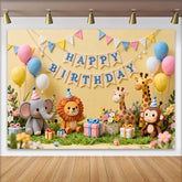Lofaris Adorable Jungle Animals Happy Birthday Backdrop with Colorful Balloons and Gifts, Safari Party Decor