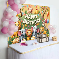 Lofaris Cheerful Cartoon Safari Animals Happy Birthday Backdrop, featuring Lions, Elephants and Zebra for Kids Party
