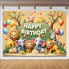 Lofaris Cheerful Cartoon Safari Animals Happy Birthday Backdrop, featuring Lions, Elephants and Zebra for Kids Party