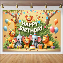 Lofaris Colorful Cartoon Safari Animals Happy Birthday Backdrop, Jungle Theme Kids Party Celebration Decor