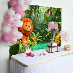 Lofaris Cute Cartoon Lion and Elephant Jungle Birthday Backdrop, Wild Safari Adventure Party Decor