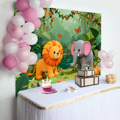 Lofaris Adorable Lion and Elephant Jungle Safari Birthday Backdrop, Wild One Theme Baby Shower Party Decor