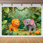 Lofaris Adorable Lion and Elephant Jungle Safari Birthday Backdrop, Wild One Theme Baby Shower Party Decor