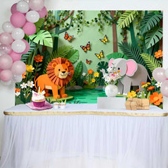 Lofaris Whimsical Paper Cut Jungle Safari Birthday Backdrop featuring Lion, Elephant, and Butterflies for Kids Party