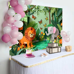 Lofaris Whimsical Paper Cut Jungle Safari Birthday Backdrop featuring Lion, Elephant, and Butterflies for Kids Party