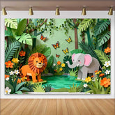 Lofaris Whimsical Paper Cut Jungle Safari Birthday Backdrop featuring Lion, Elephant, and Butterflies for Kids Party
