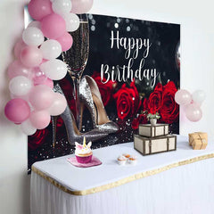 Lofaris Elegant Black and Silver Glitter Happy Birthday Backdrop, featuring Red Roses and Champagne Heels