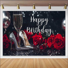 Lofaris Elegant Black and Silver Glitter Happy Birthday Backdrop, featuring Red Roses and Champagne Heels