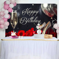 Lofaris Elegant Black and Silver Glitter Happy Birthday Backdrop with Champagne, Sparkly High Heels, and Red Roses, Party Decoration