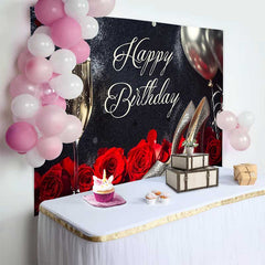 Lofaris Elegant Black and Silver Glitter Happy Birthday Backdrop with Champagne, Sparkly High Heels, and Red Roses, Party Decoration