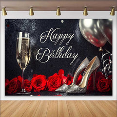 Lofaris Elegant Black and Silver Glitter Happy Birthday Backdrop with Champagne, Sparkly High Heels, and Red Roses, Party Decoration
